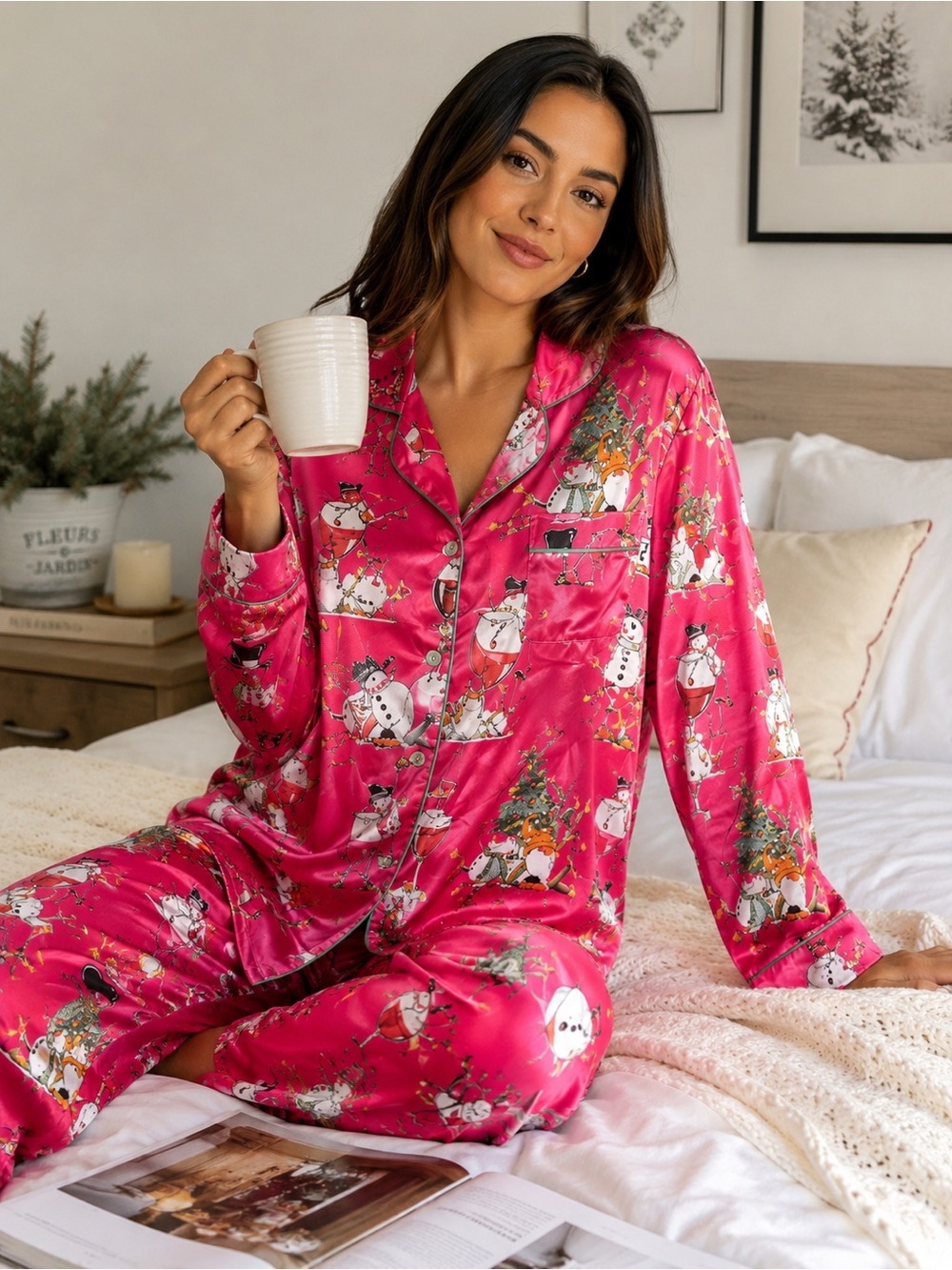 SHESHOW Christmas Satin Pajama Set XXL Pink Snowman Holiday Sleepwear NWT